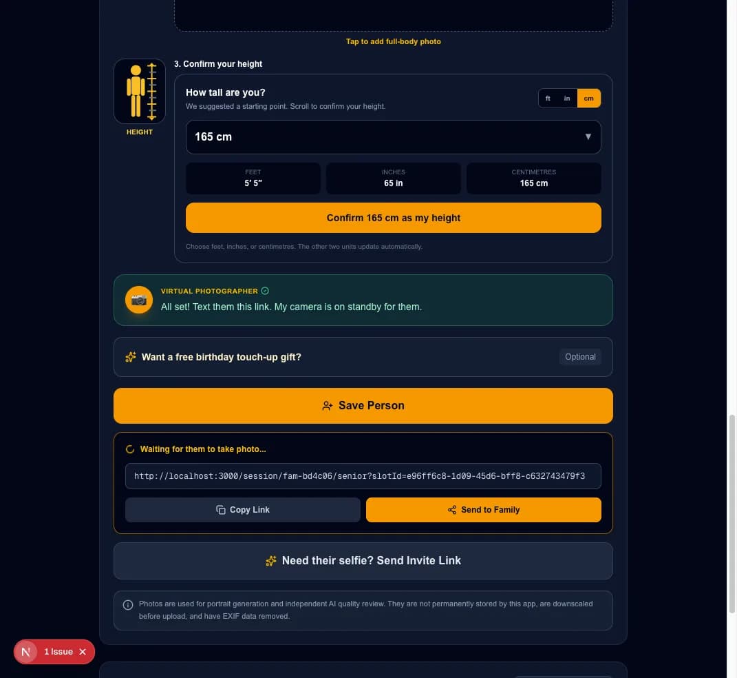 Personal upload invitation with Copy Link and Send to Family buttons