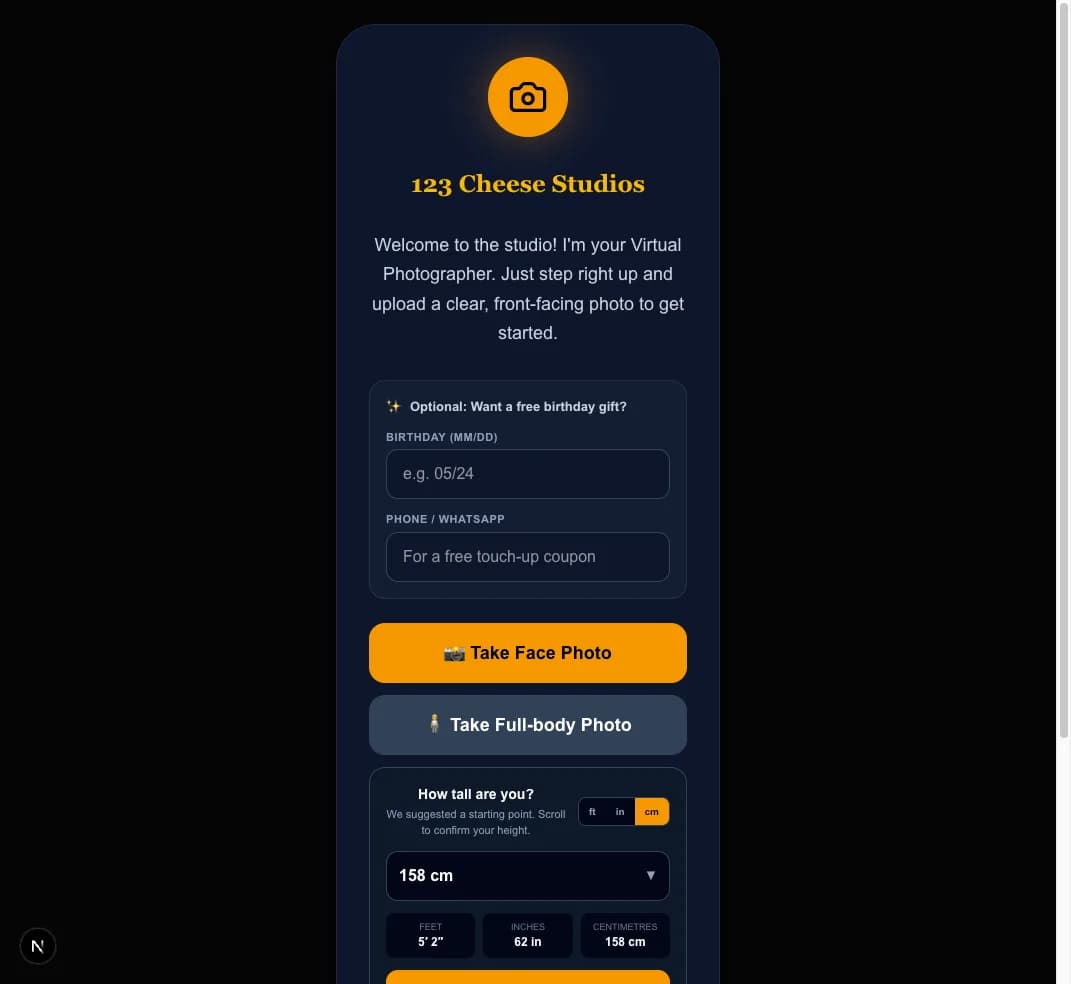 Mobile family upload page for face photo, full-body photo, and height