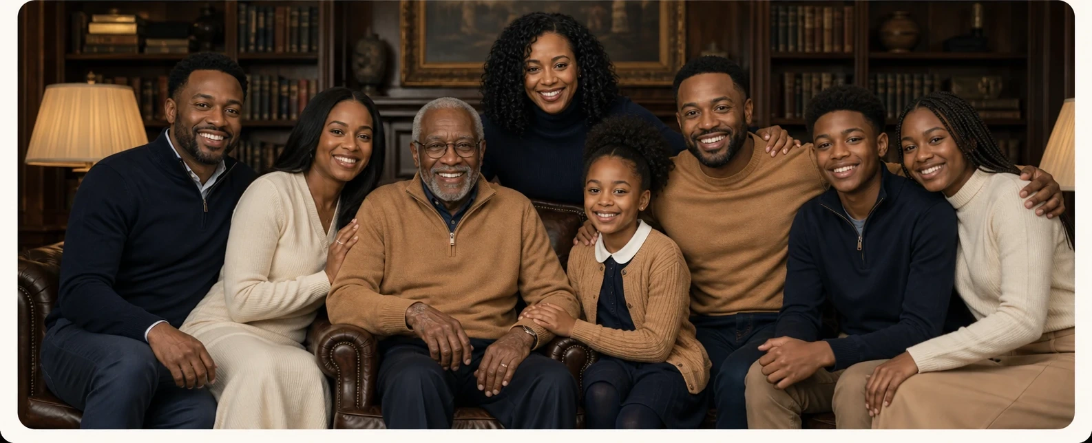An extended family arranged for a formal fine-art portrait
