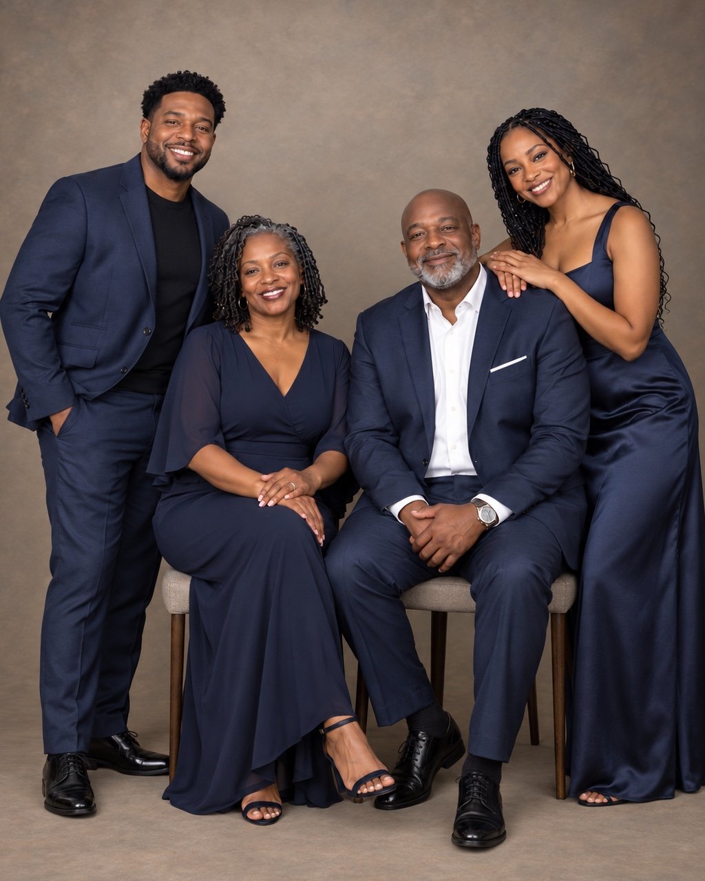 A vertical 4:5 studio portrait of Black parents and their two grown children
