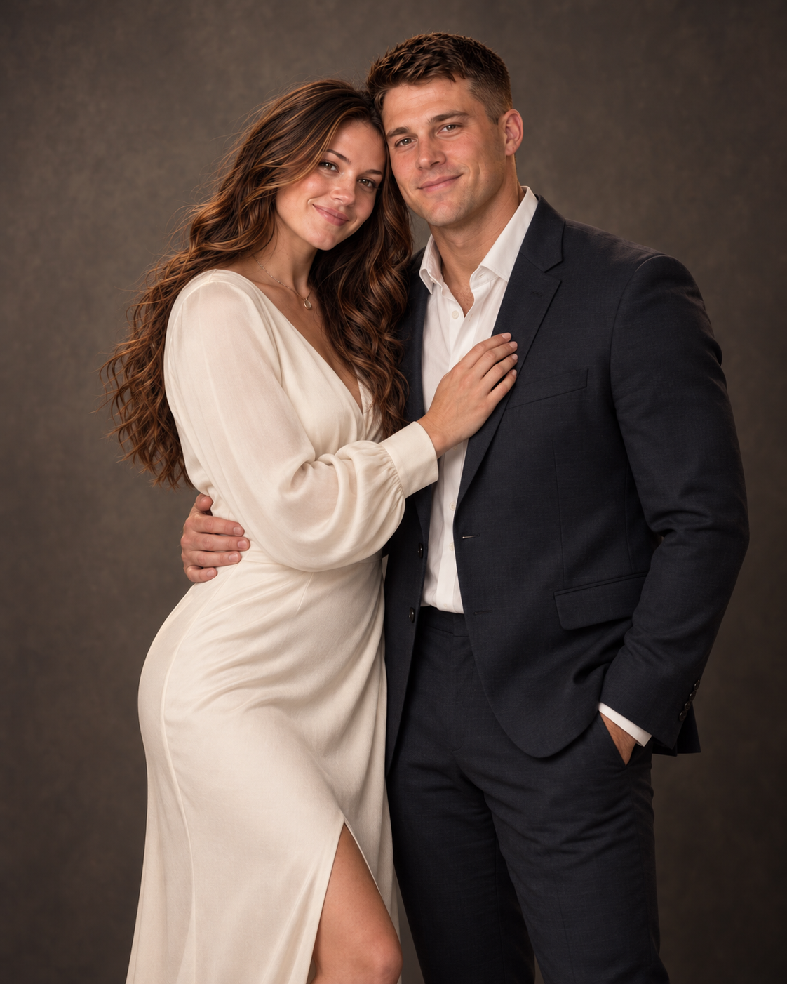 A vertical 4:5 modern editorial studio portrait of a couple